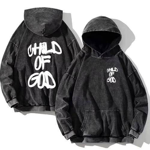 Child of God Print Vintage Washed Hoodie Men Women Cotton Long Sleeve Hip Hop Hooded Sweatshirt Casual Gothic Spring Autumn Top