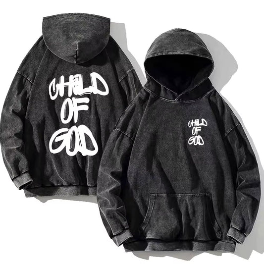 Child of God Print Vintage Washed Hoodie Men Women Cotton Long Sleeve Hip Hop Hooded Sweatshirt Casual Gothic Spring Autumn Top