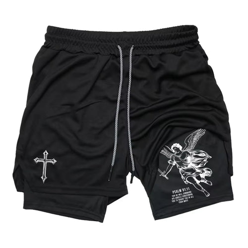 Angel Cross Graphic 2 in 1 Workout Running Shorts for Men Gym Athletic Quick Dry Shorts with Phone Pocket Towel Loop Activewear